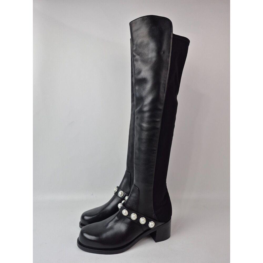 Stuart Weitzman Women's Black Portia 5050 Studded Pearl Boots Size 7.5 B - Picture 2 of 7